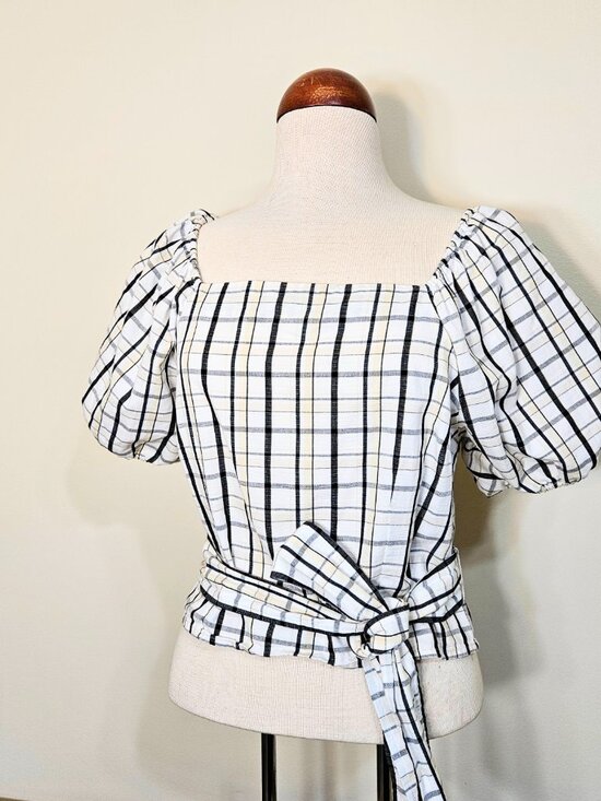 Levi's Vera Puff Sleeve Top Vera Blouse Sally Plaid Cloud Dancer Pattern Medium - Picture 3 of 11